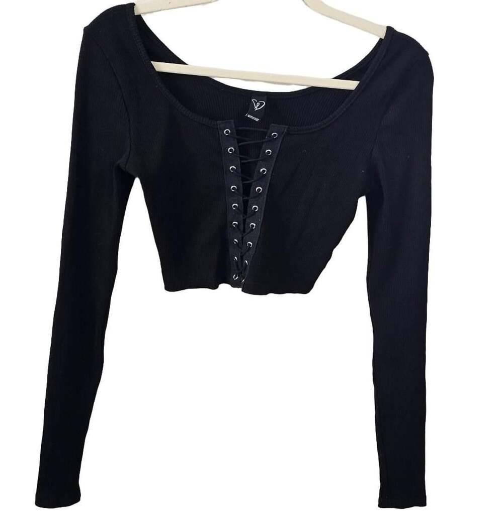 Windsor Black Lace Up Crop Top Long Sleeve Ribbed Y2K Goth Grunge